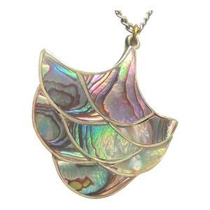 VTG Alpaca Silver Abalone Fan Pendant Statement Necklace 18in Chain Iridescent